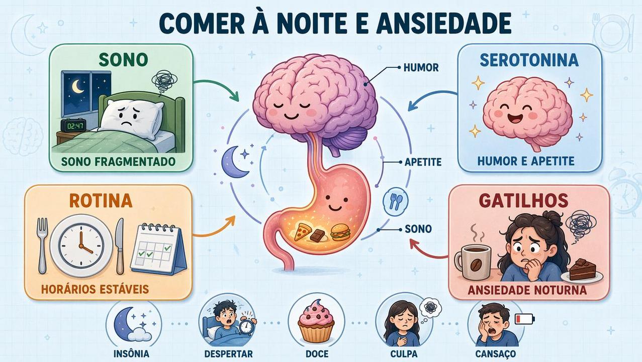 Sono, serotonina, rotina e gatilhos emocionais influenciam o comer noturno.
