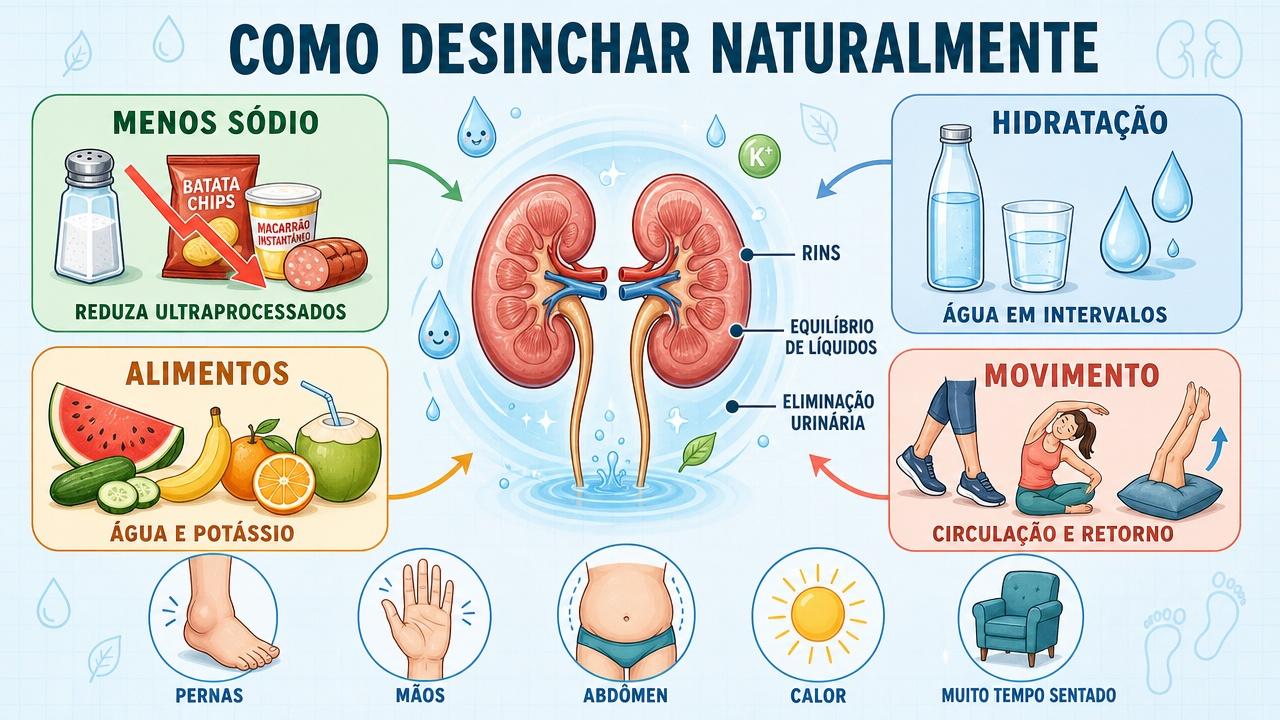 Quatro pilares para desinchar: menos sódio, hidratação, alimentos e movimento.