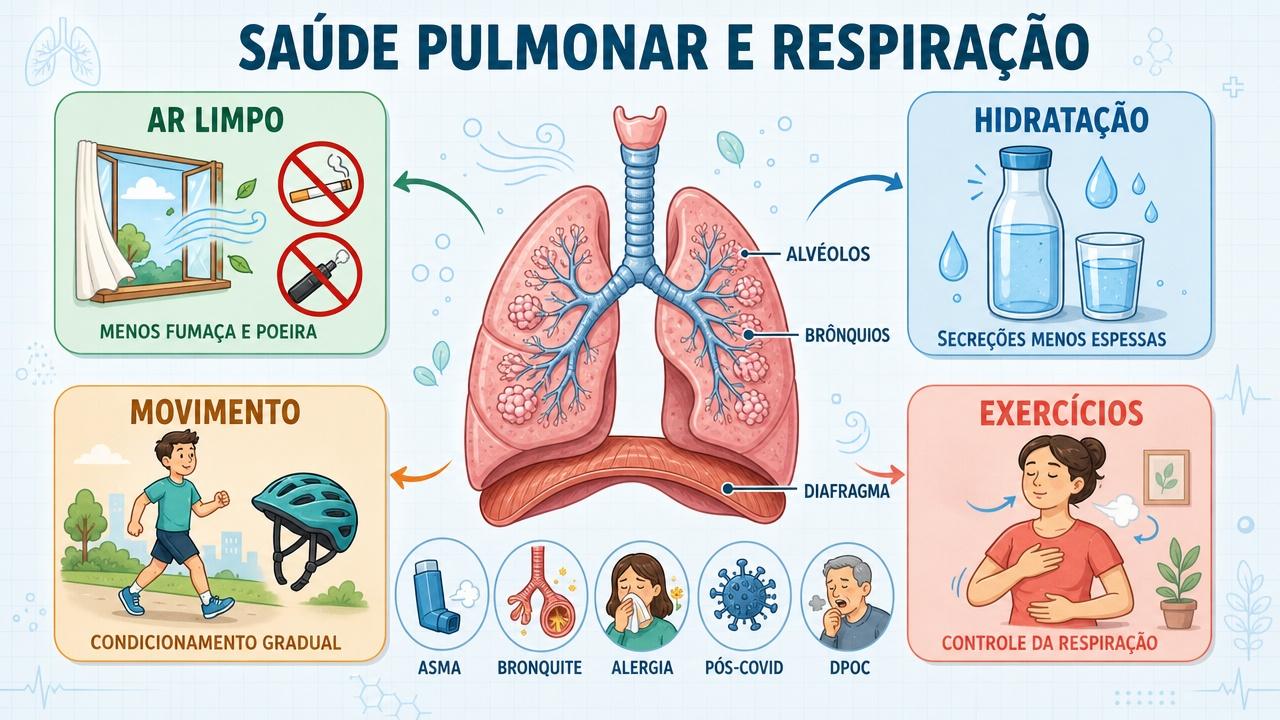 Ar limpo, hidratação, movimento e exercícios sustentam pulmões mais saudáveis.