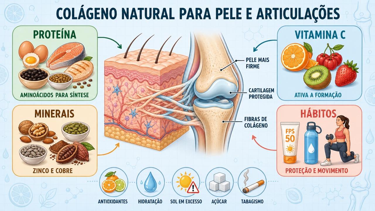 Proteína, vitamina C, minerais e bons hábitos sustentam a síntese de colágeno.