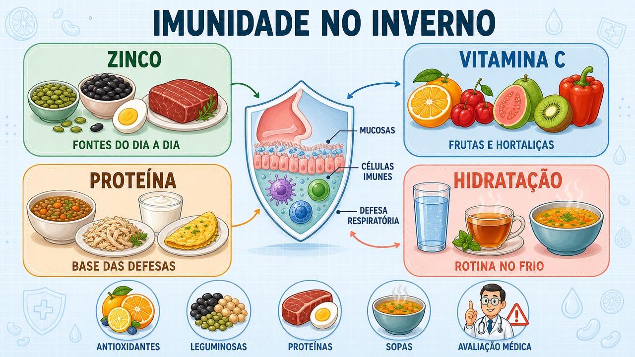 Zinco, vitamina C, proteína e hidratação formam pilares da imunidade no frio.