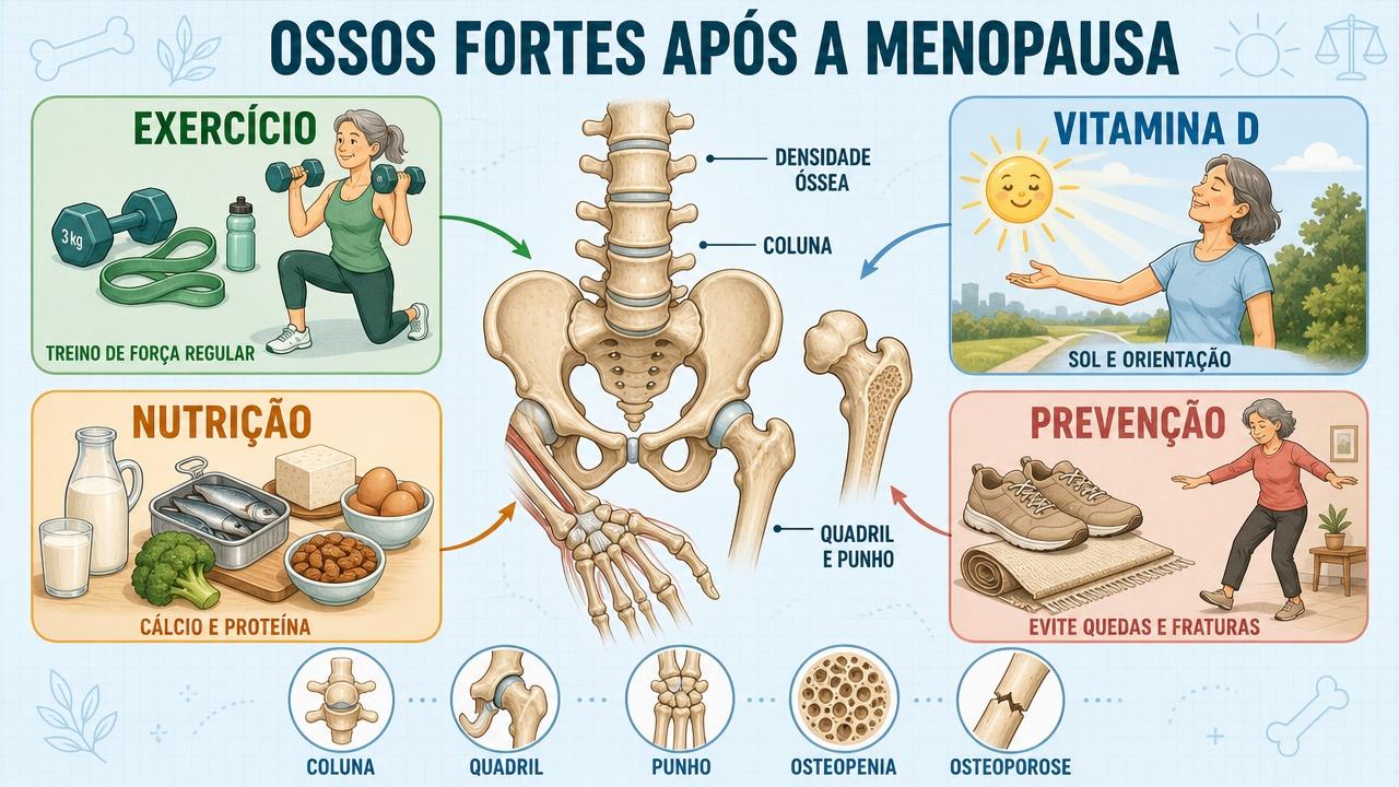 Quatro pilares para proteger a massa óssea e reduzir fraturas na menopausa.