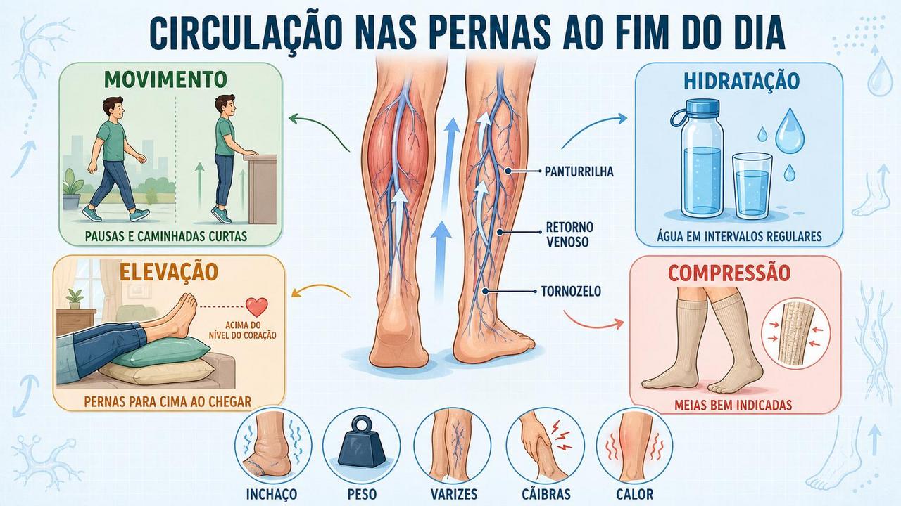 Movimento, hidratação, elevação e compressão ajudam a melhorar a circulação.