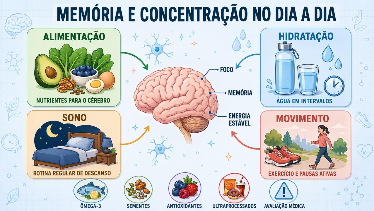 Os quatro pilares do foco: alimentação, água, sono e movimento.