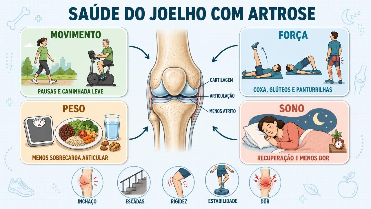 Quatro pilares para poupar o joelho: movimento, força, peso adequado e sono.