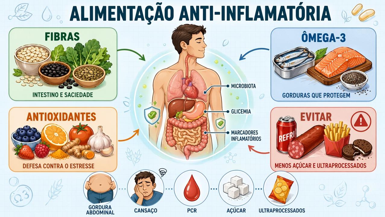 Fibras, ômega-3, antioxidantes e menos ultraprocessados reduzem a inflamação crônica.