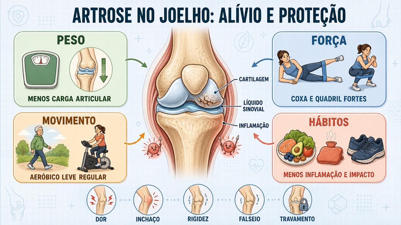 Peso, força, movimento e hábitos saudáveis sustentam o joelho com artrose.