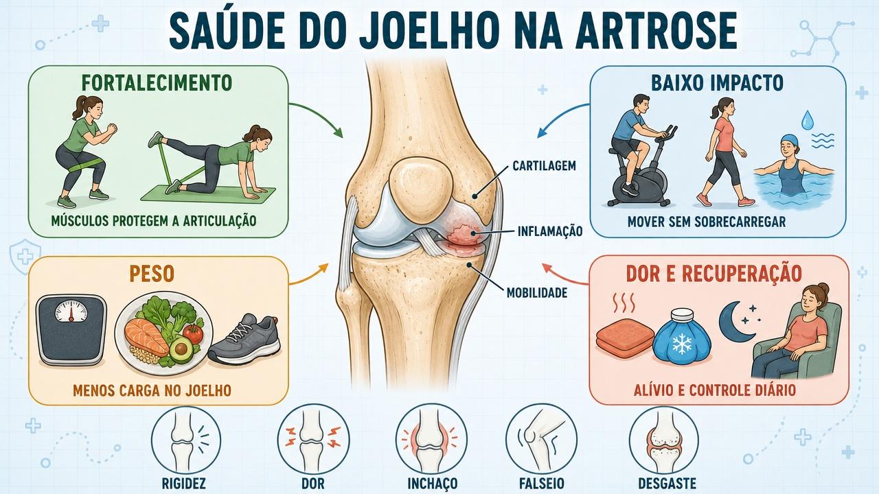 Fortalecimento, baixo impacto, controle do peso e manejo da dor protegem o joelho.