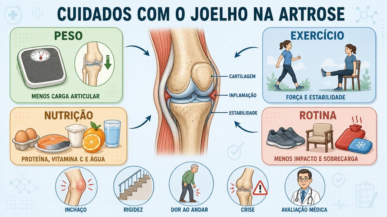 Peso, exercício, nutrição e rotina protegem o joelho com artrose.