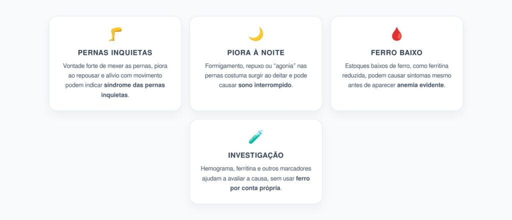 Vontade incontrolável de mexer as pernas à noite pode ter relação com ferro baixo.