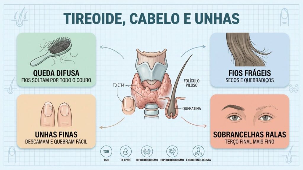 Quatro sinais discretos conectam tireoide, cabelo, unhas e sobrancelhas.