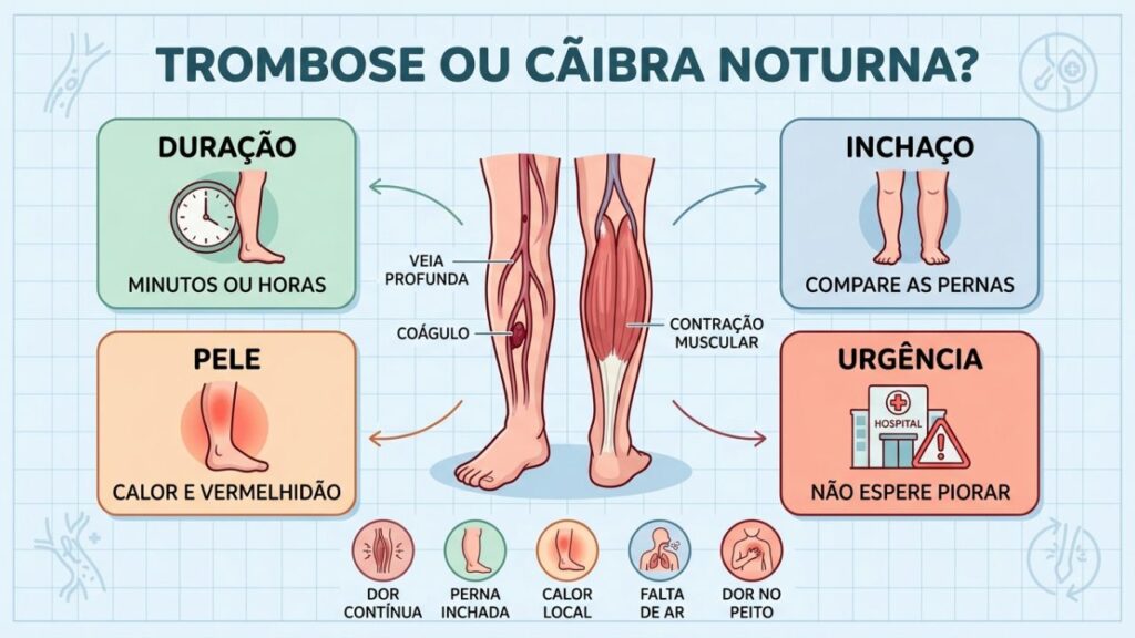 Diferenças entre trombose e cãibra envolvem duração, inchaço, calor e urgência.