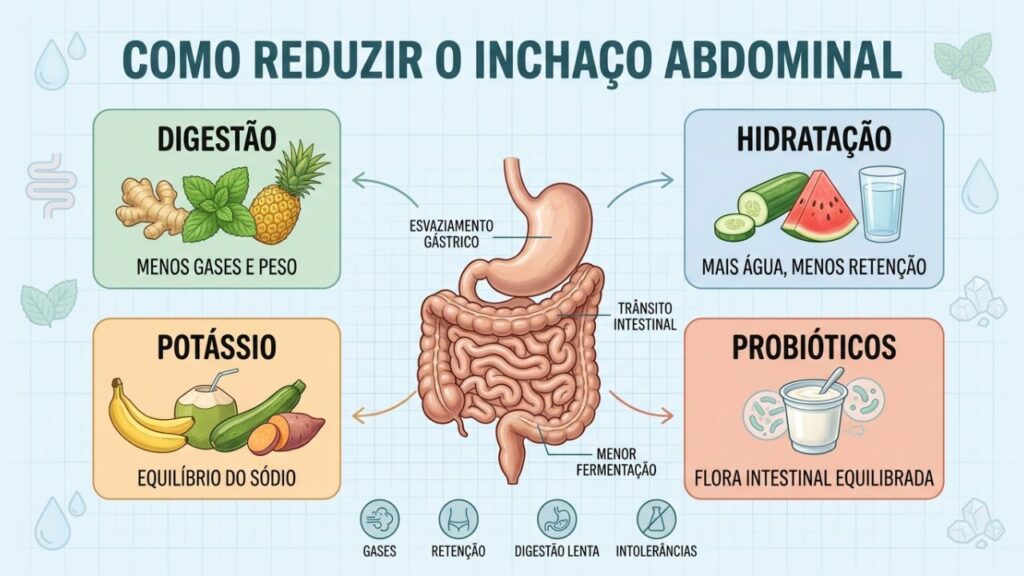 Digestão, hidratação, potássio e probióticos formam quatro pilares contra o inchaço abdominal.