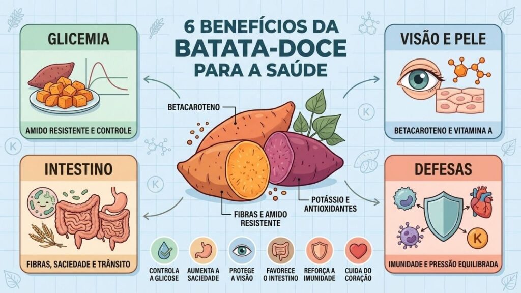 Seis benefícios da batata-doce conectam glicemia, intestino, visão, imunidade e coração.