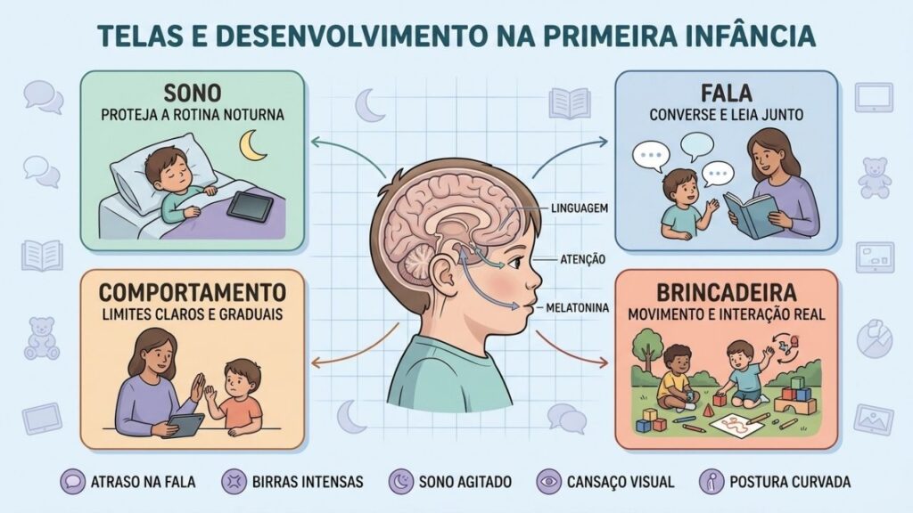 Sono, fala, comportamento e brincadeira orientam uma rotina digital mais saudável.