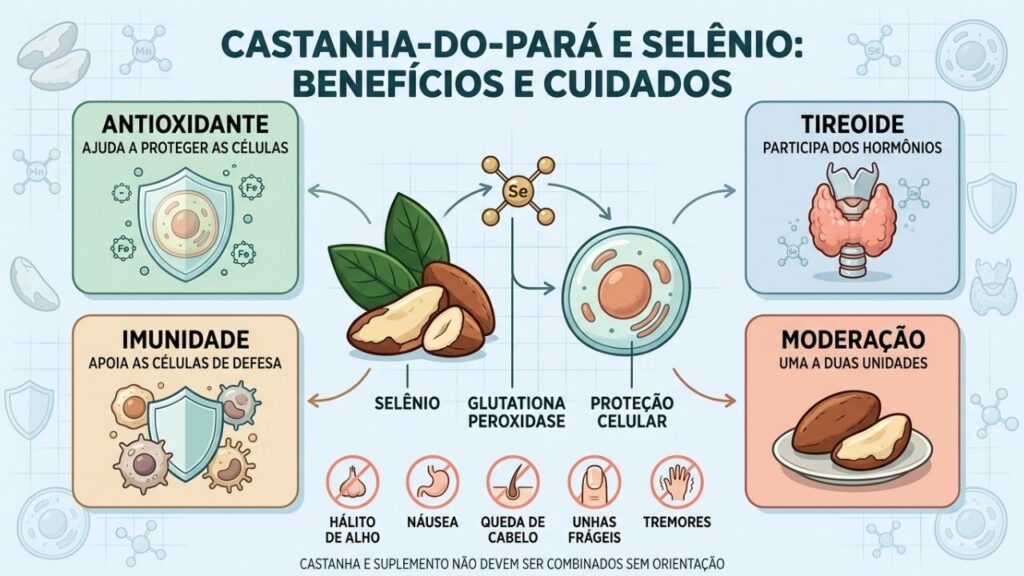 Selênio apoia antioxidantes, tireoide e imunidade, mas o excesso traz riscos.