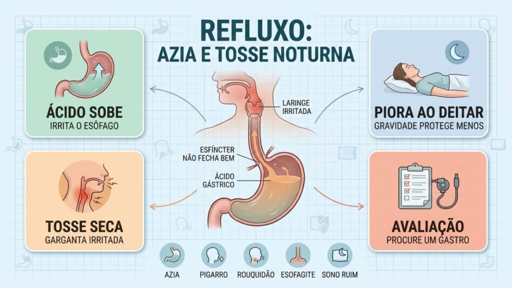 Infográfico explica como o refluxo provoca azia, tosse seca e rouquidão.