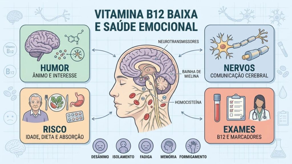 Infográfico relaciona B12, humor, nervos, riscos e exames de sangue.