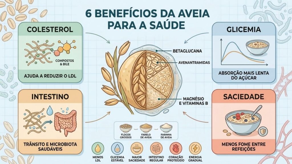 Betaglucana, fibras e nutrientes conectam aveia, intestino, glicemia e coração.