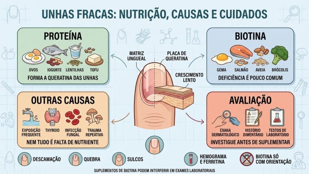 Proteína, biotina, outras causas e avaliação orientam o cuidado das unhas.