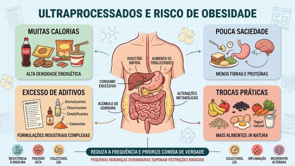Calorias, pouca saciedade, aditivos e frequência explicam parte do risco de obesidade.