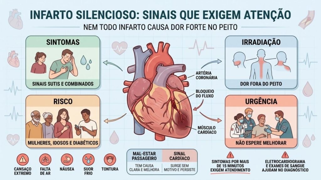Sintomas, grupos de risco e duração ajudam a reconhecer um infarto silencioso.