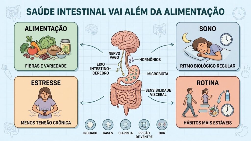 Alimentação, sono, estresse e rotina atuam juntos no equilíbrio intestinal.