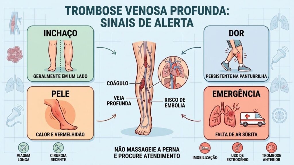 Inchaço unilateral, dor, calor e falta de ar exigem avaliação rápida.