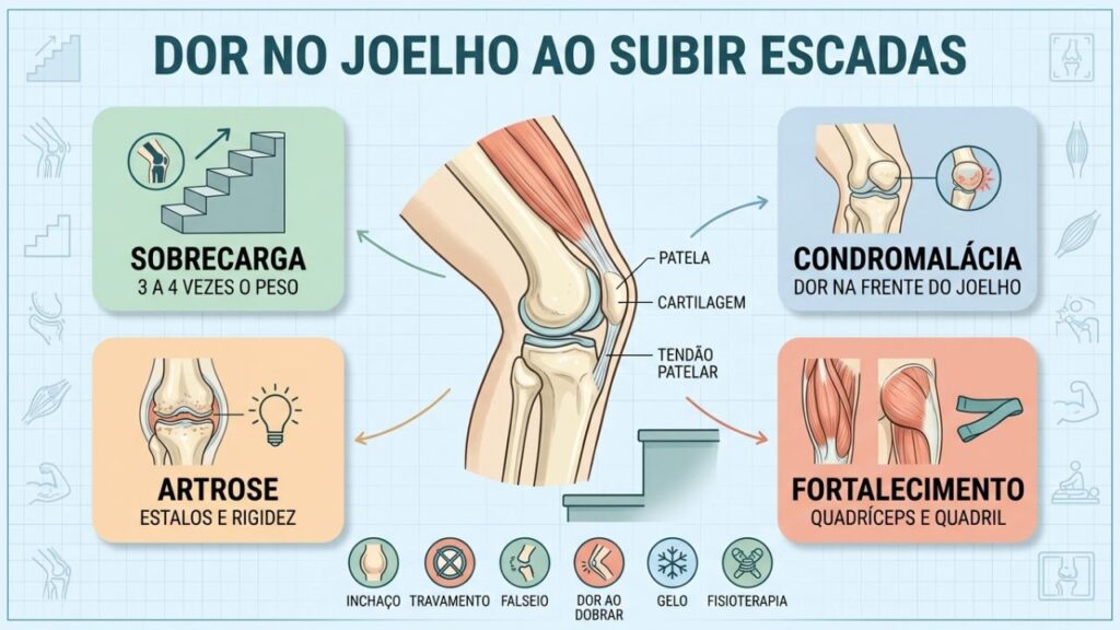 Infográfico explica sobrecarga, condromalácia, artrose e fortalecimento do joelho.