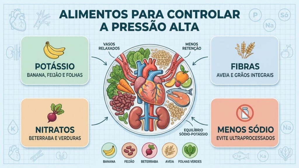 Potássio, fibras, nitratos e menos sódio sustentam a dieta DASH.