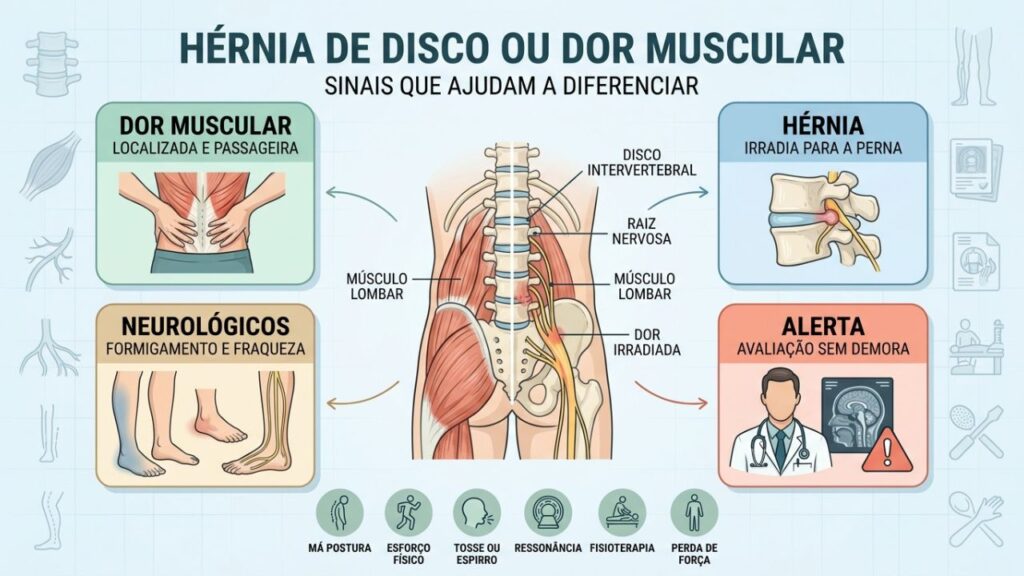 Irradiação, formigamento, força e exames ajudam a diferenciar a dor.
