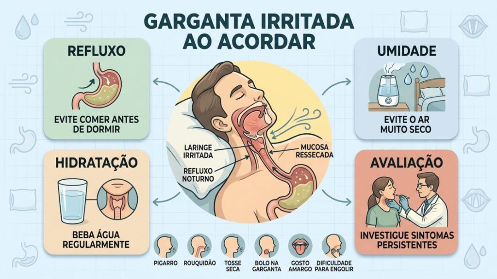 Refluxo, umidade, hidratação e avaliação orientam o cuidado da garganta pela manhã.