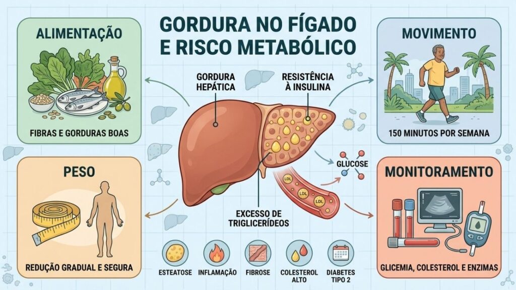 Alimentação, movimento, peso e exames ajudam a reverter a esteatose hepática.