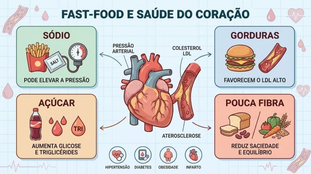 Sódio, gorduras, açúcar e pouca fibra aumentam o risco cardiovascular.