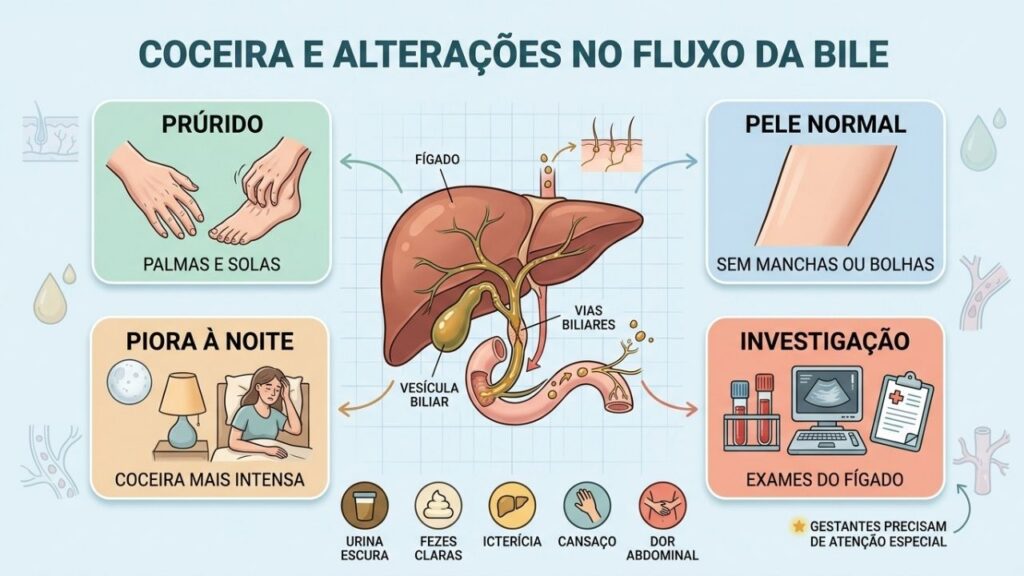 Prurido, sinais associados e exames ajudam a identificar alterações no fluxo biliar.