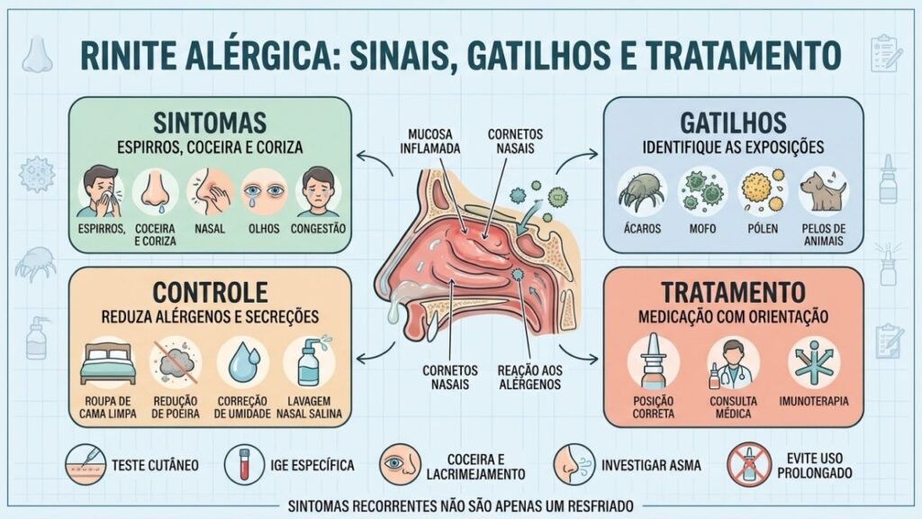 Sintomas, gatilhos, controle ambiental e tratamento orientam o cuidado da rinite.