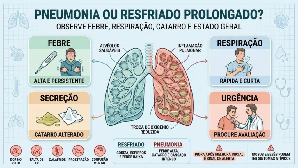 Febre, respiração, catarro e prostração ajudam a diferenciar pneumonia de resfriado.
