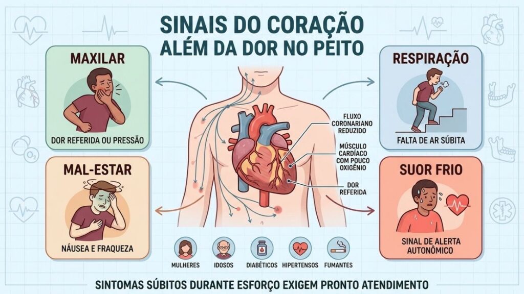 Náusea, falta de ar e desconforto irradiado exigem atendimento imediato.