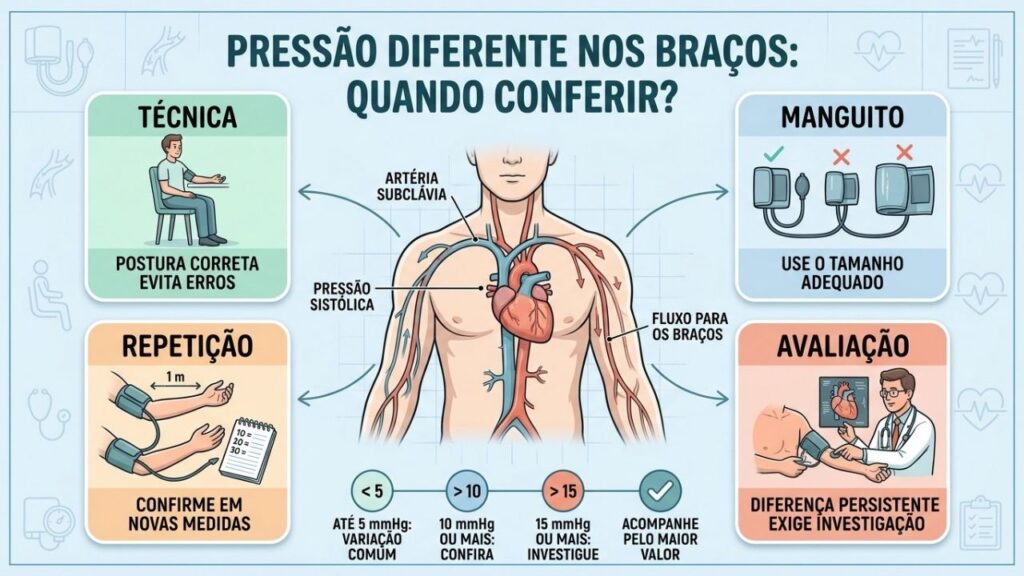 Técnica, manguito, repetição e valores comparativos orientam a aferição nos dois braços.