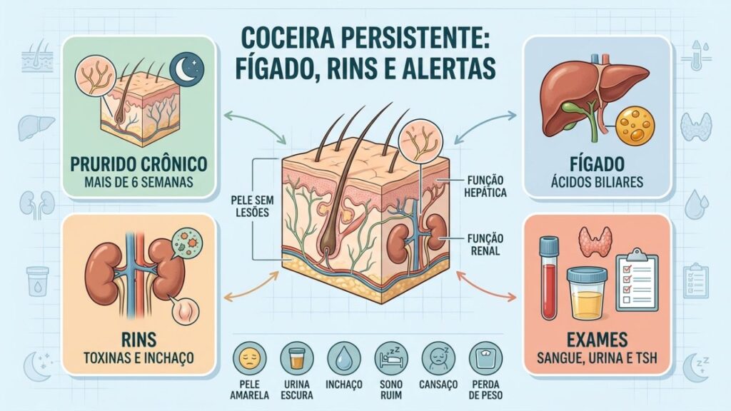 Infográfico mostra prurido crônico, fígado, rins, tireoide e sinais de alerta.