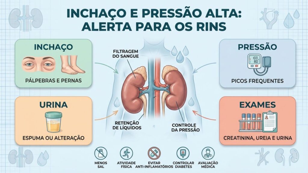 Sinais urinários, inchaço e exames ajudam a detectar alterações renais.