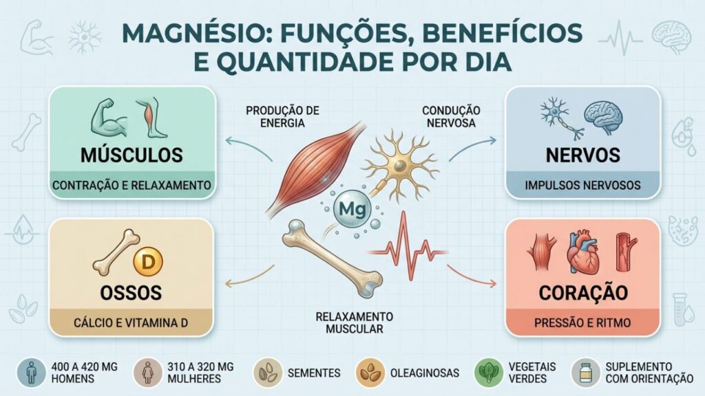 Funções, fontes alimentares e dose diária orientam o uso do magnésio.