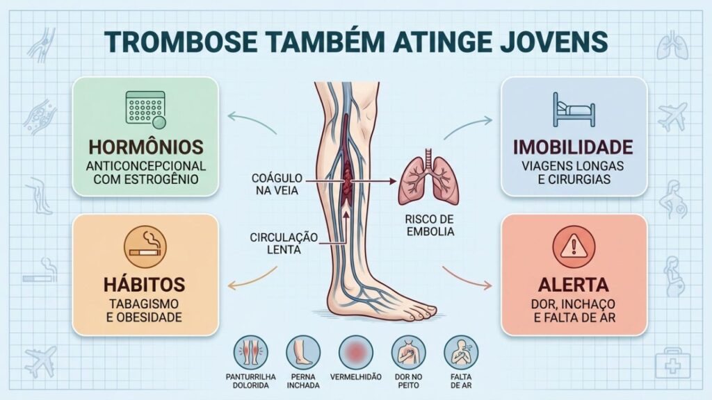 Hormônios, imobilidade e hábitos aumentam o risco de trombose precoce.