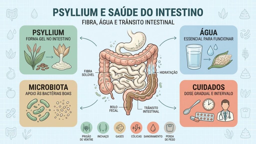 Psyllium, hidratação, microbiota e cuidados sustentam o trânsito intestinal.