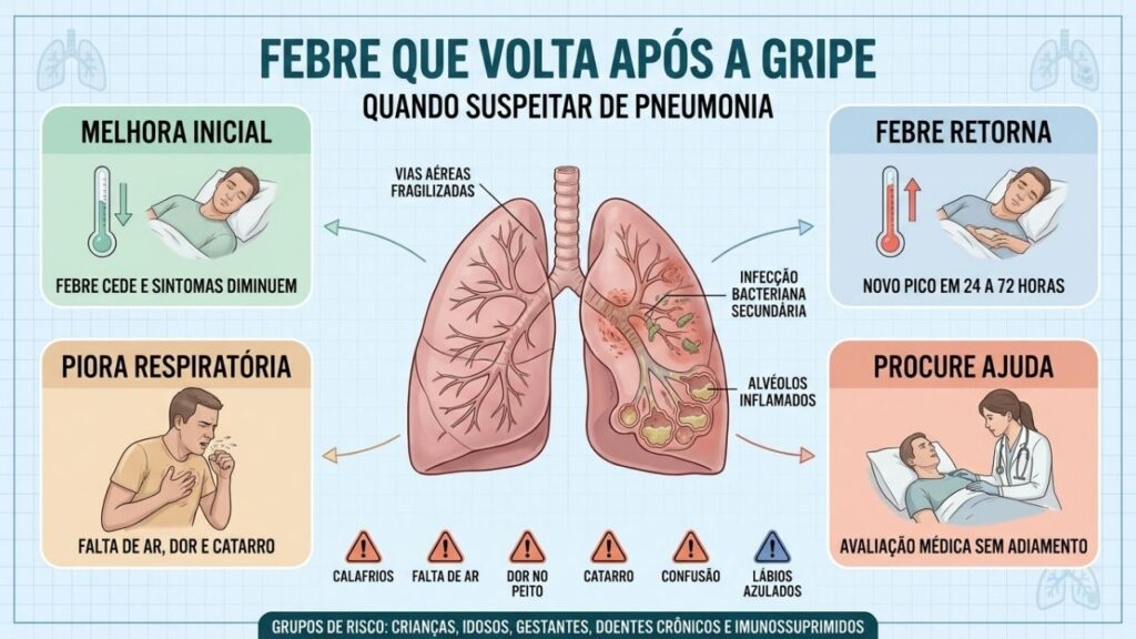 Melhora inicial, febre recorrente, piora respiratória e atendimento formam o alerta.