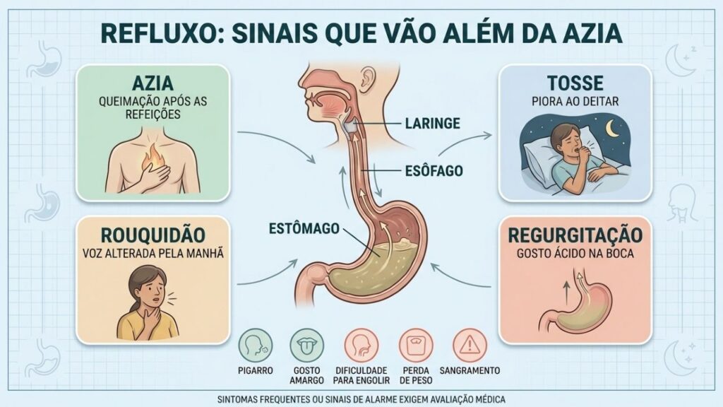 Azia, tosse, rouquidão e regurgitação ajudam a reconhecer sinais de refluxo.