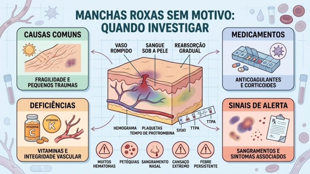 Causas, medicamentos, deficiências e sinais de alerta orientam a investigação dos hematomas.