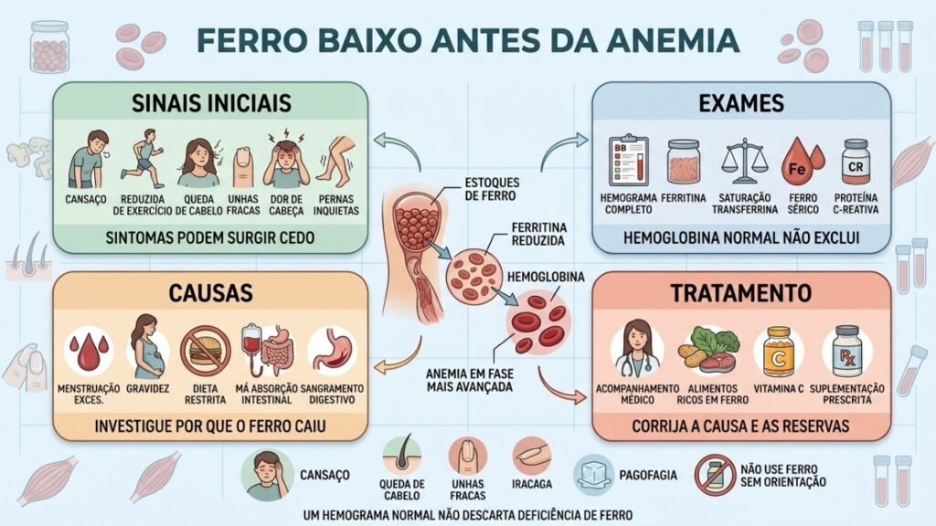 Sinais, exames, causas e tratamento mostram como detectar ferro baixo precocemente.