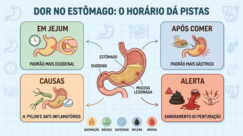 Jejum, refeições, causas e sinais de alerta orientam a investigação da úlcera.
