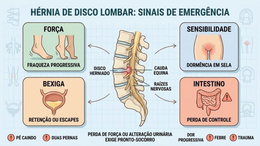 Força, sensibilidade, bexiga e intestino indicam possível urgência neurológica.